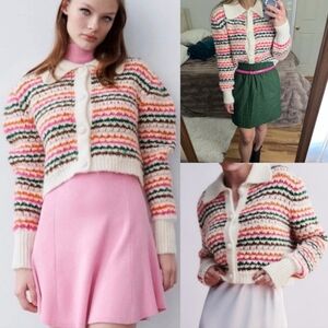 Zara Rainbow Striped Knit Sweater Cardigan Women's S Multicolor Artsy Retro 90s
